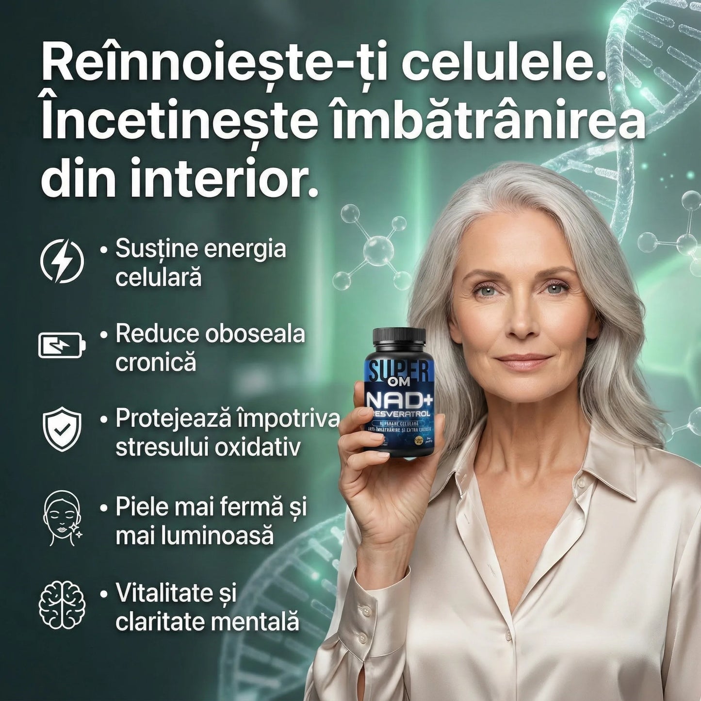 NAD+ Resveratrol – Regenerare Celulară, Anti-Îmbătrânire și Energie În Plus – SuperHuman + CADOU GRATUIT